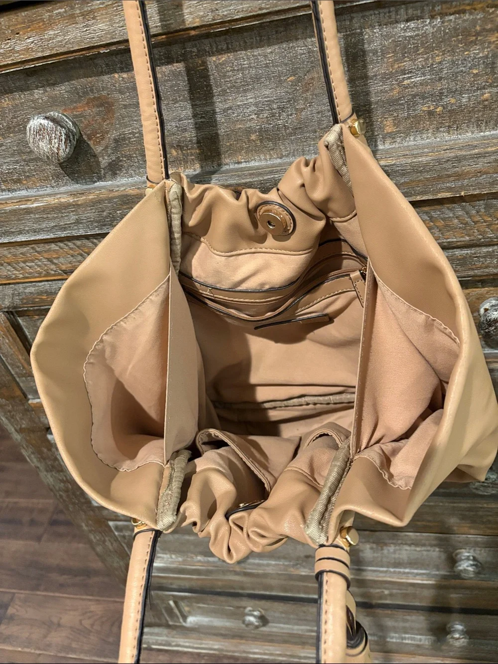 Neutral Tan Drawstring Shoulder Tote with Tassel Accent